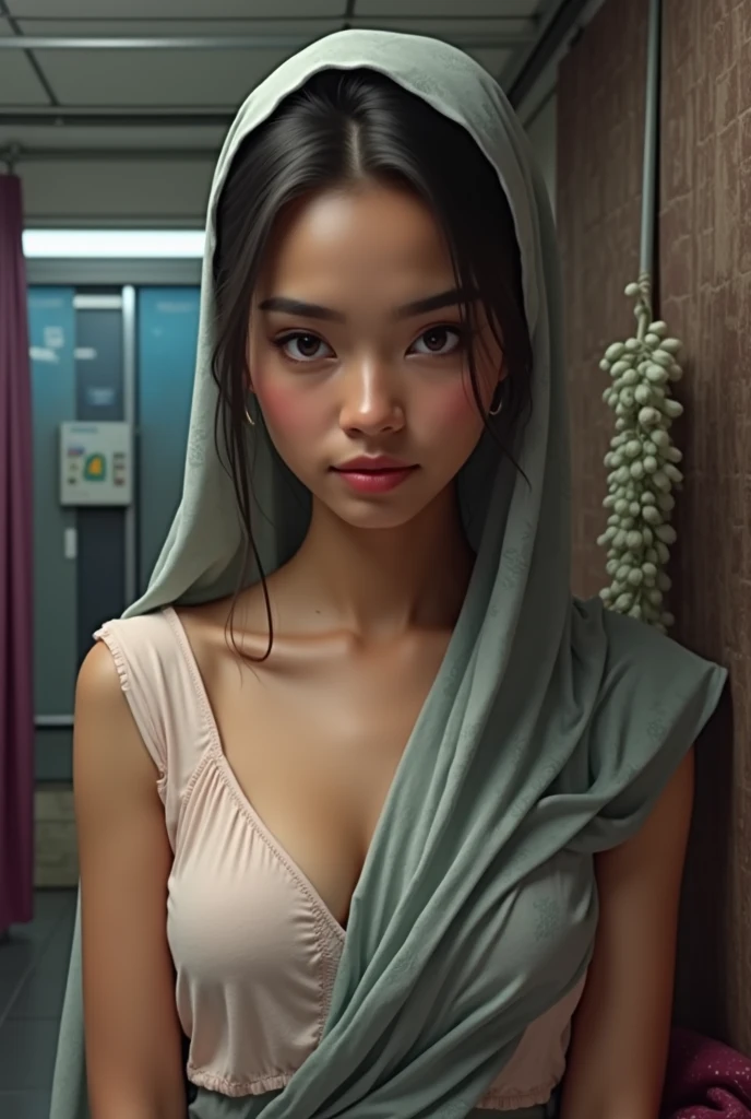 create a photorealistic of a matured 40 years old malay lady in plain white hijab wearing soft pink lace bra and panties in seducing pose in a dark store room, look to the viewer, wet body, wet face with lot of semen, ultra detail, high quality, pastel color grading, --auto --s2