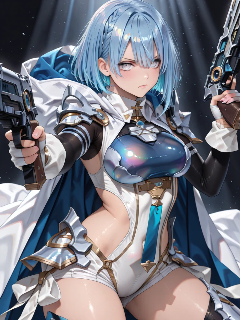 (((Highest quality、first class、masterpiece、Normal body、8k、Detailed face、Ultra-precision、normal hand、Normal refer to、5refer to、Highest)))、Eternal Frail、Silver Hair、Long Hair、kind、clear、pure、A blue suit that reveals a cleavage、Navy blue shorts、"SD Gundam G Generation"、cockpit、Pilot、Beam Rifle sniping、shooting、Sniper visor