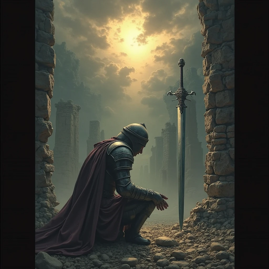 Medieval knight kneels in front of a broken sword and prays,Surrounded by ruins,The sun shines through the stormy clouds above,Very quiet,Respectful,Full of emotion,Highly realistic,Extraordinary armor rendering,8k ultra high definition,Dramatic,ruin background,Stormy sky,Light contrast between light and dark,Vivid portrait style,digital oil painting,Super detailed,top Quority,Professional effects,Vivid and eye-catching colors。