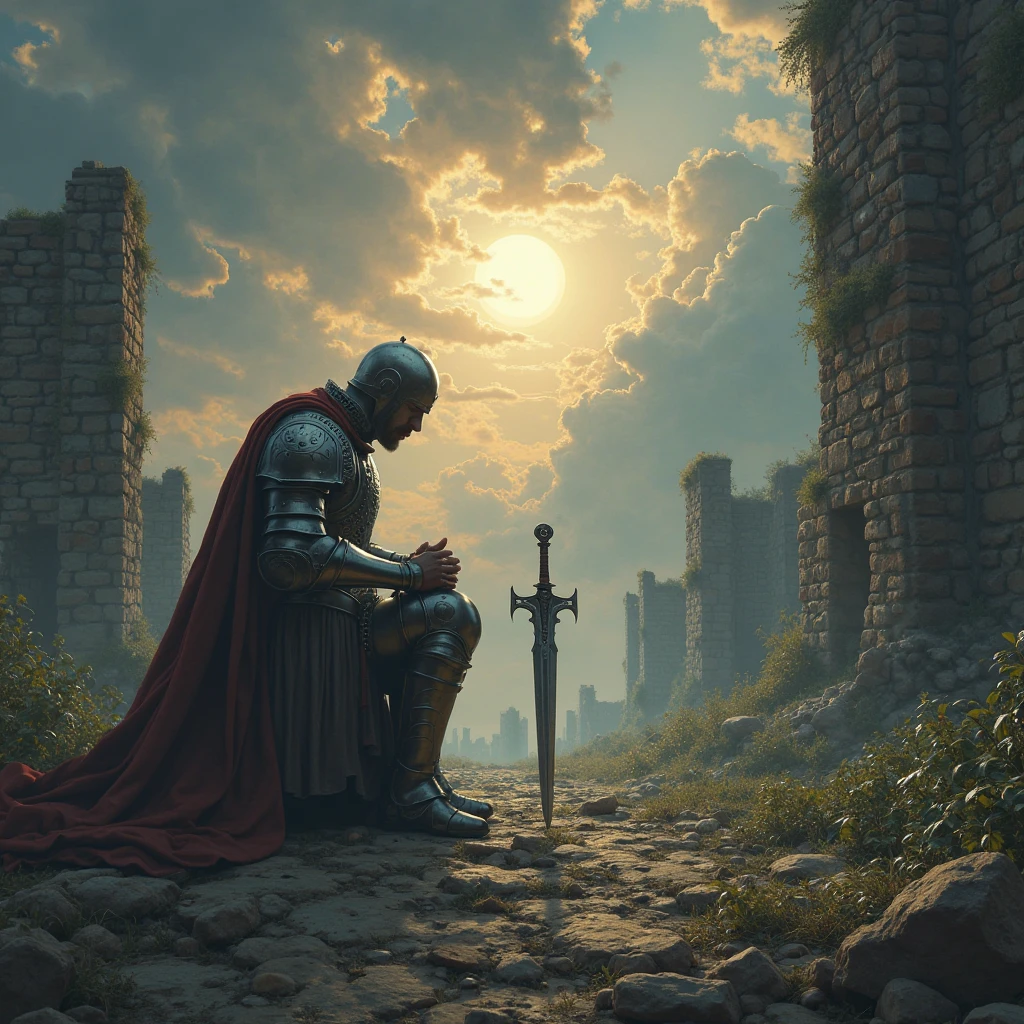 Medieval knight kneels in front of a broken sword and prays,Surrounded by ruins,The sun shines through the stormy clouds above,Very quiet,Respectful,Full of emotion,Highly realistic,Extraordinary armor rendering,8k ultra high definition,Dramatic,ruin background,Stormy sky,Light contrast between light and dark,Vivid portrait style,digital oil painting,Super detailed,top Quority,Professional effects,Vivid and eye-catching colors。