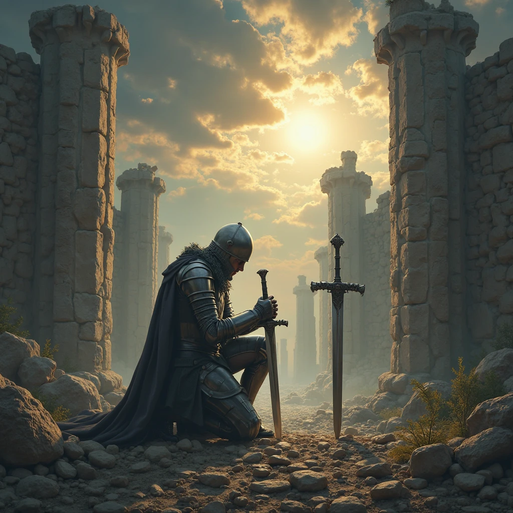 Medieval knight kneels in front of a broken sword and prays,Surrounded by ruins,The sun shines through the stormy clouds above,Very quiet,Respectful,Full of emotion,Highly realistic,Extraordinary armor rendering,8k ultra high definition,Dramatic,ruin background,Stormy sky,Light contrast between light and dark,Vivid portrait style,digital oil painting,Super detailed,top Quority,Professional effects,Vivid and eye-catching colors。