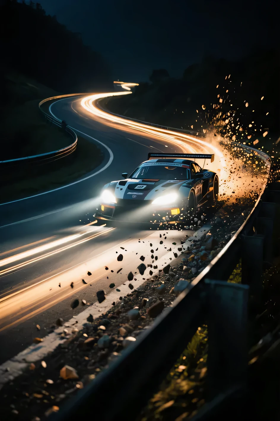 racer,lightpainting,Bullet time,Decisive Moment of Overtaking on Curves at Night,Small Grained Gravel Splatter。Headlight Trajectory,high speed,motionblur,Dynamic Movement and Energy,Original Unretouched Style,Ultra Realistic Masterpiece,Original photos,32K,HighDynamicRange。