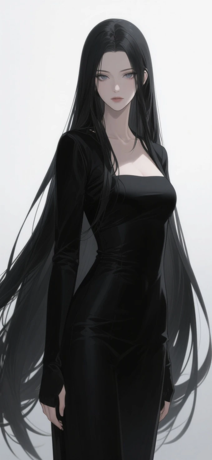 anime two-dimensional lady,super long black hair,cool facial shadows with light,gray pupil color,natural,inside in room,black clothes with clean background,Full body,Face close-up,cool color extreme detail