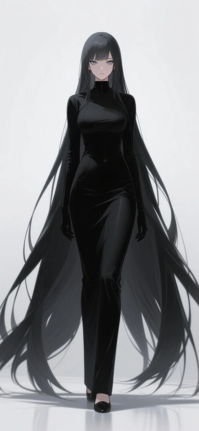 anime two-dimensional lady,super long black hair,cool facial shadows with light,gray pupil color,natural,inside in room,black clothes with clean background,Full body,Face close-up,cool color extreme detail