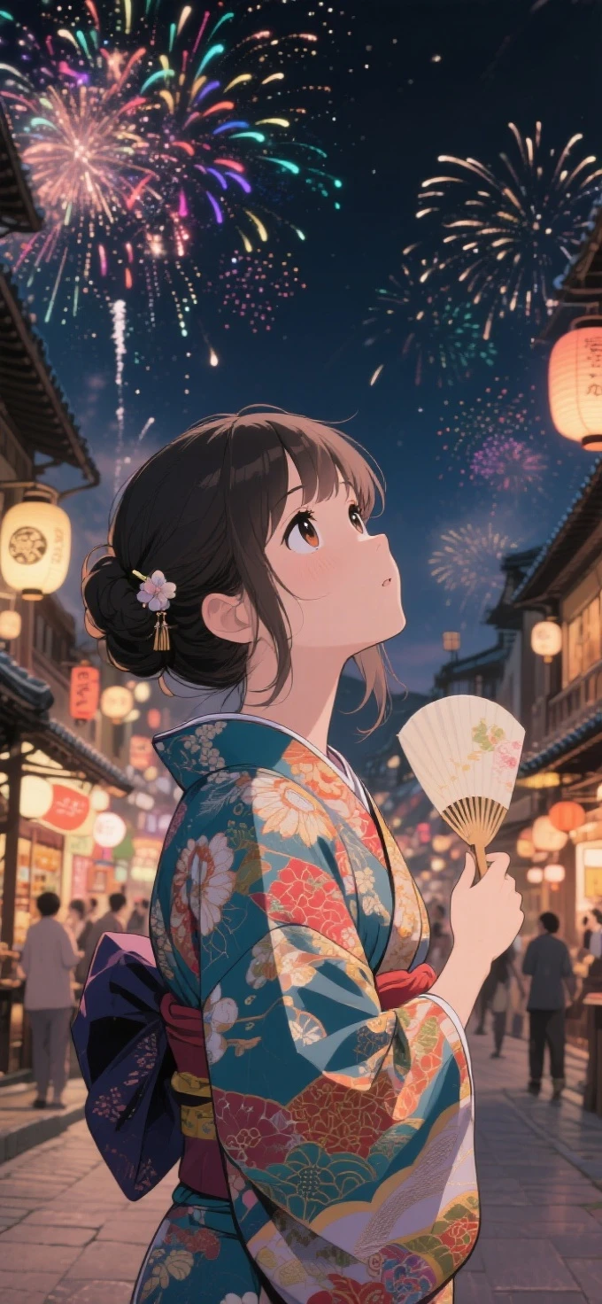 two-dimensional Japanese animated comic style,a beauty girl,wearing kimonos,Coiled hair,natta,bustling Japanese town streets,fire works,Close-up face close-up