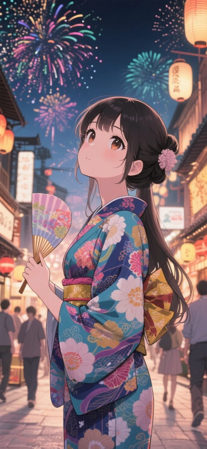 two-dimensional Japanese animated comic style,a beauty girl,wearing kimonos,Coiled hair,natta,bustling Japanese town streets,fire works,Close-up face close-up