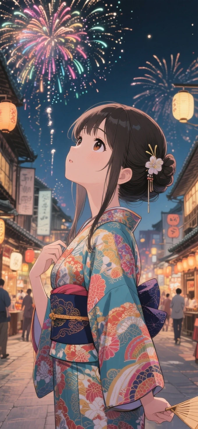 two-dimensional Japanese animated comic style,a beauty girl,wearing kimonos,Coiled hair,natta,bustling Japanese town streets,fire works,Close-up face close-up