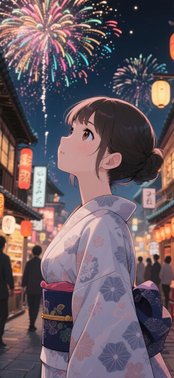 two-dimensional Japanese animated comic style,a beauty girl,wearing kimonos,Coiled hair,natta,bustling Japanese town streets,fire works,Close-up face close-up