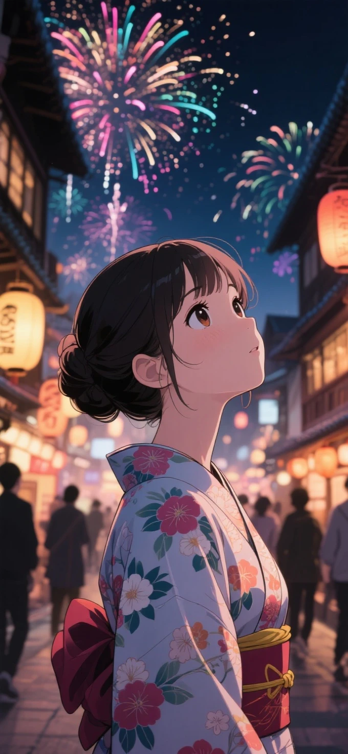 two-dimensional Japanese animated comic style,a beauty girl,wearing kimonos,Coiled hair,natta,bustling Japanese town streets,fire works,Close-up face close-up