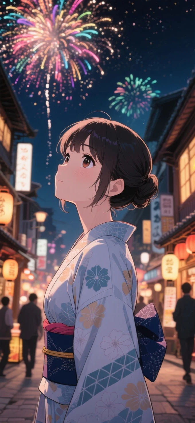 two-dimensional Japanese animated comic style,a beauty girl,wearing kimonos,Coiled hair,natta,bustling Japanese town streets,fire works,Close-up face close-up