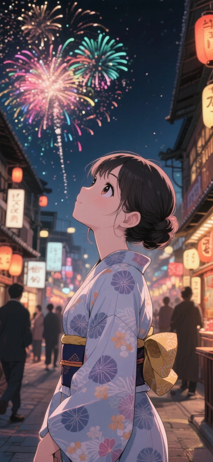 two-dimensional Japanese animated comic style，a beauty girl，wearing kimonos，Coiled hair，natta，bustling Japanese town streets，fire works，Close-up face close-up