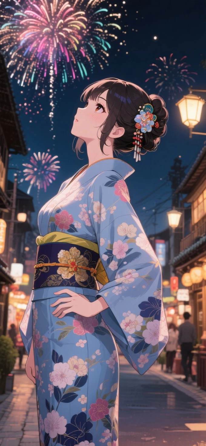 two-dimensional Japanese animated comic style,a beauty girl,wearing kimonos,Coiled hair,natta,bustling Japanese town streets,fire works,Close-up face close-up