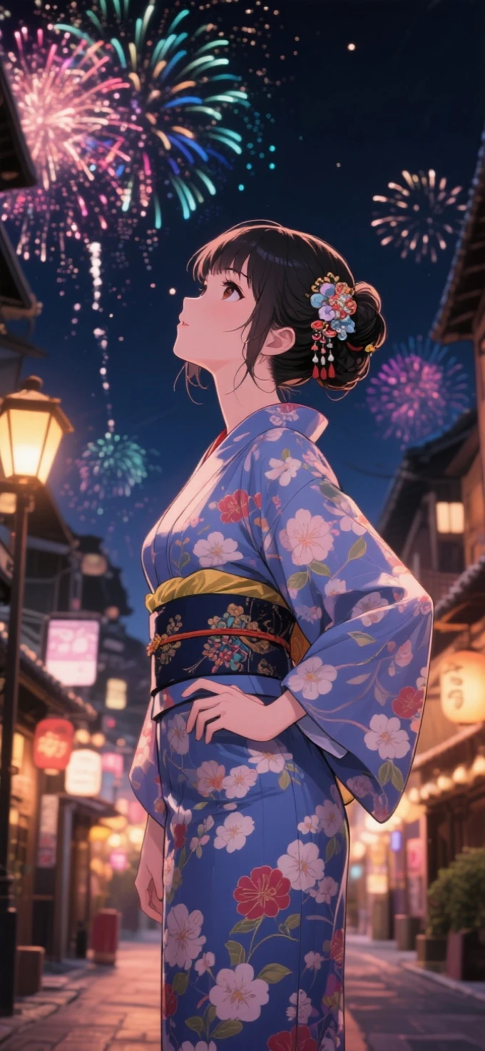 two-dimensional Japanese animated comic style,a beauty girl,wearing kimonos,Coiled hair,natta,bustling Japanese town streets,fire works,Close-up face close-up