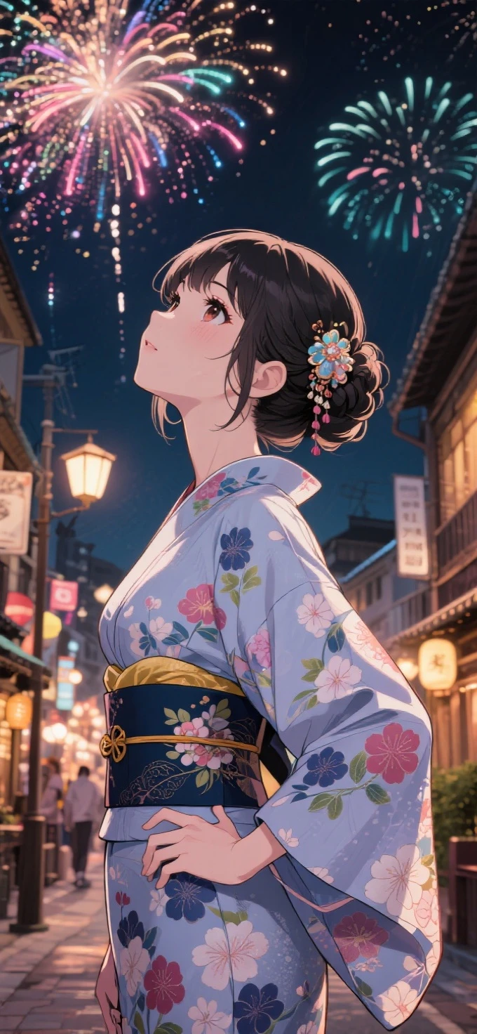 two-dimensional Japanese animated comic style,a beauty girl,wearing kimonos,Coiled hair,natta,bustling Japanese town streets,fire works,Close-up face close-up