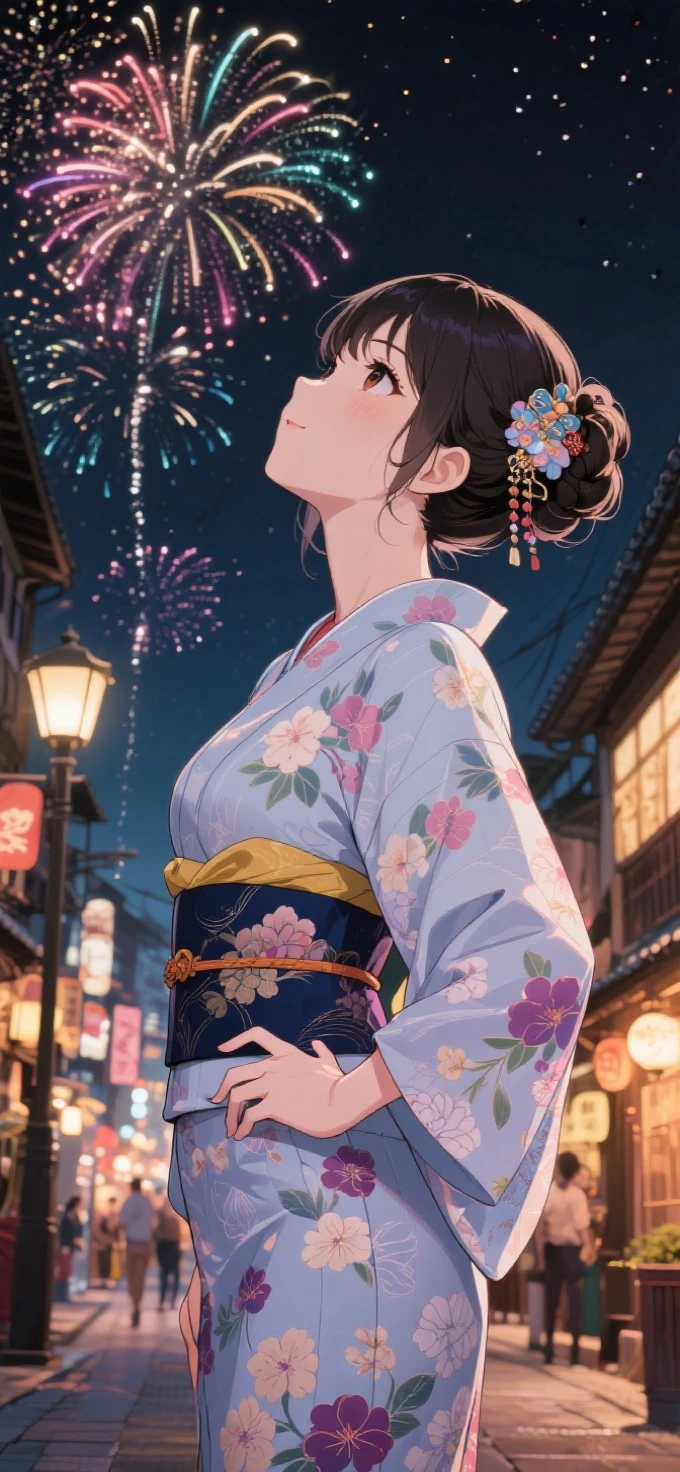 two-dimensional Japanese animated comic style，a beauty girl，wearing kimonos，Coiled hair，natta，bustling Japanese town streets，fire works，Close-up face close-up