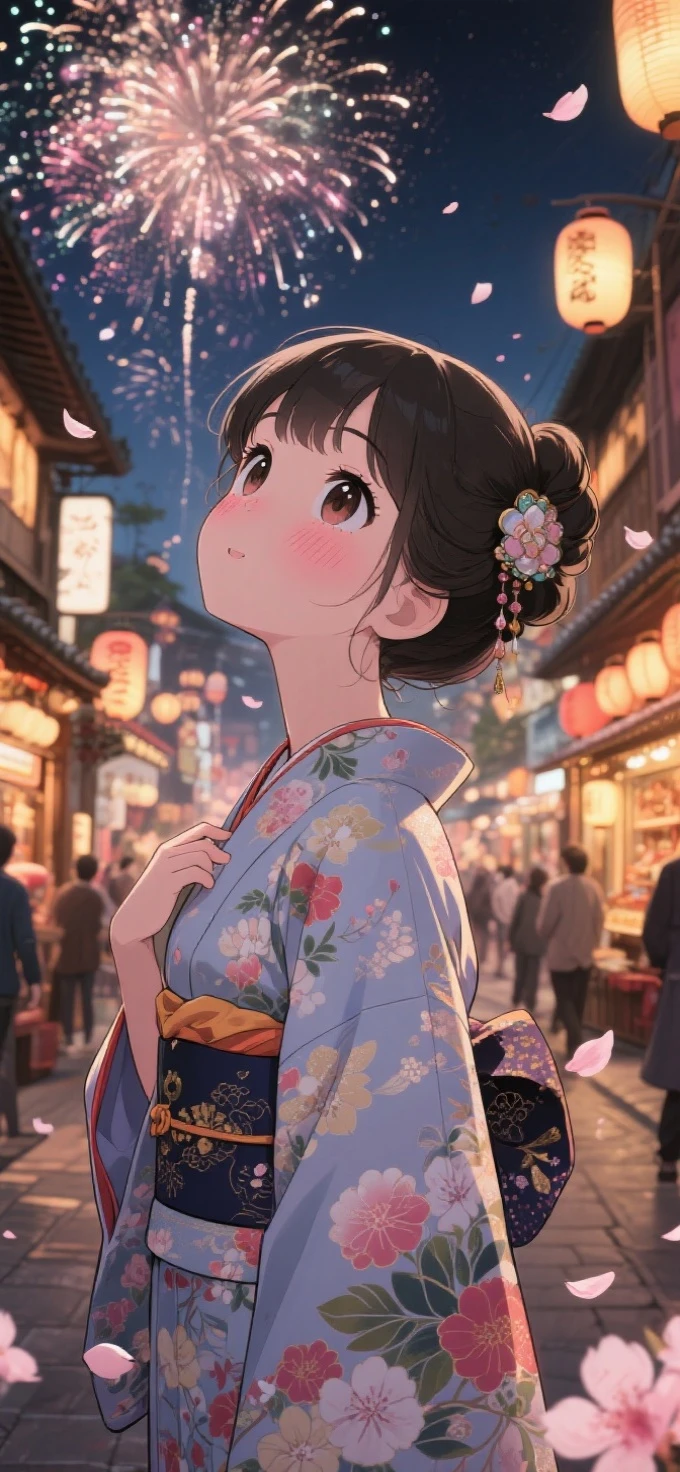two-dimensional Japanese animated comic style,a beauty girl,wearing kimonos,Coiled hair,natta,bustling Japanese town streets,fire works,Close-up face close-up