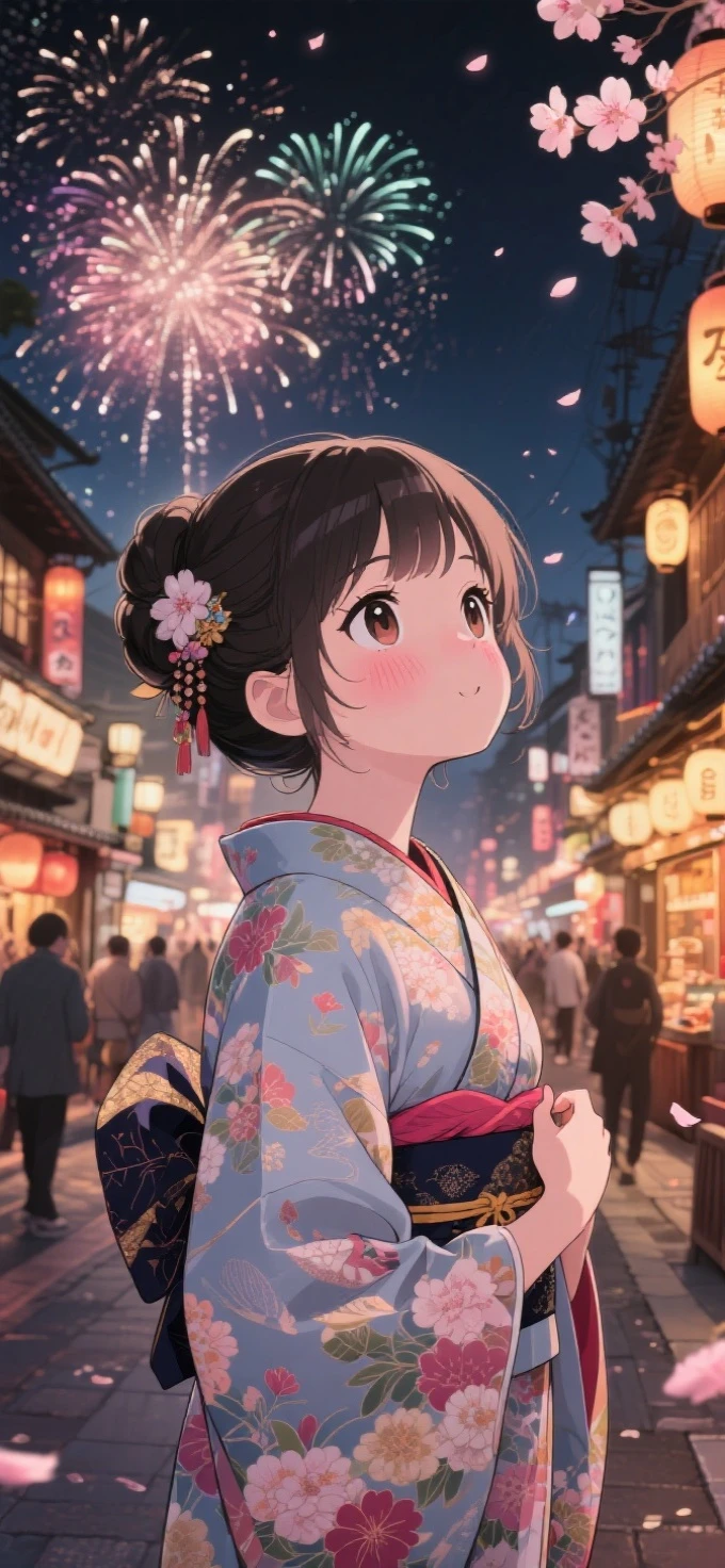 two-dimensional Japanese animated comic style,a beauty girl,wearing kimonos,Coiled hair,natta,bustling Japanese town streets,fire works,Close-up face close-up