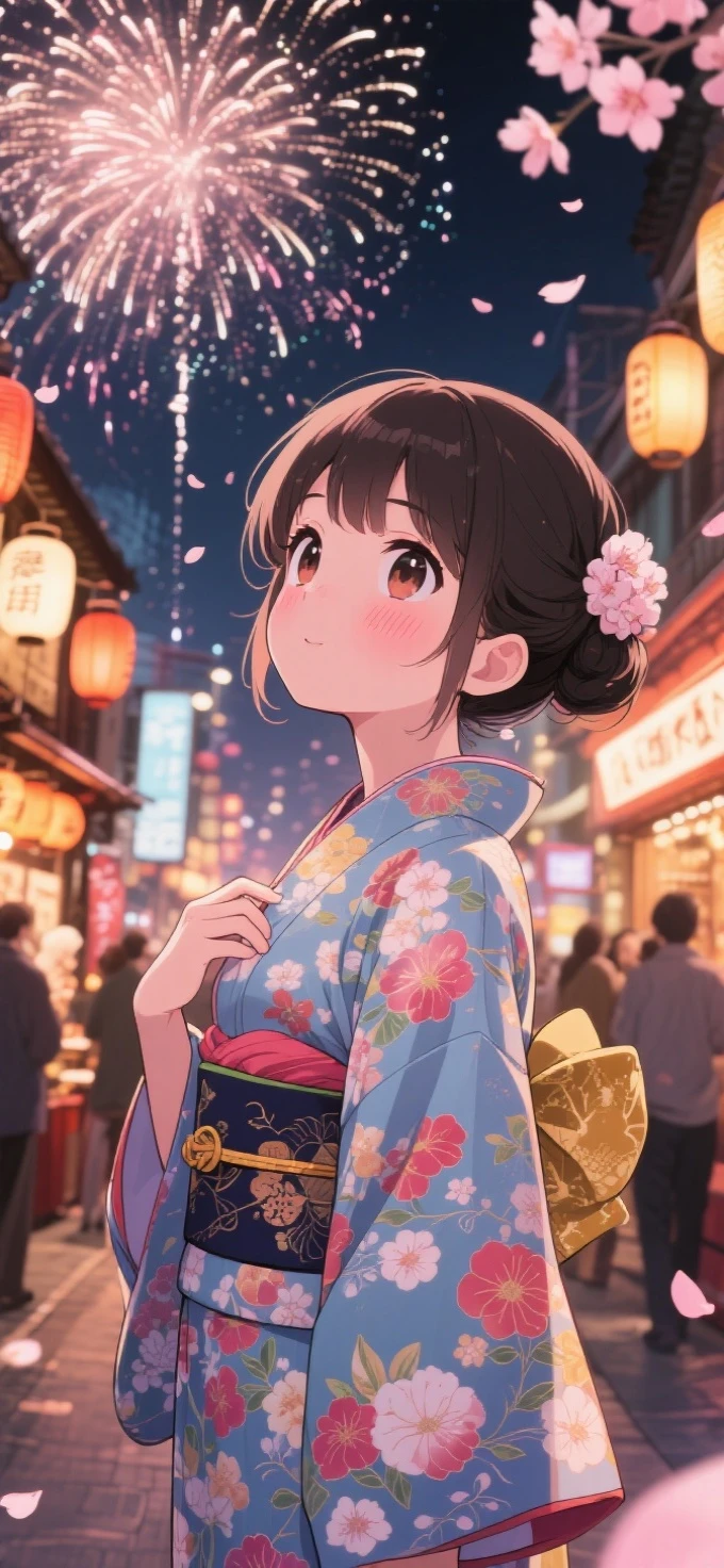 two-dimensional Japanese animated comic style,a beauty girl,wearing kimonos,Coiled hair,natta,bustling Japanese town streets,fire works,Close-up face close-up
