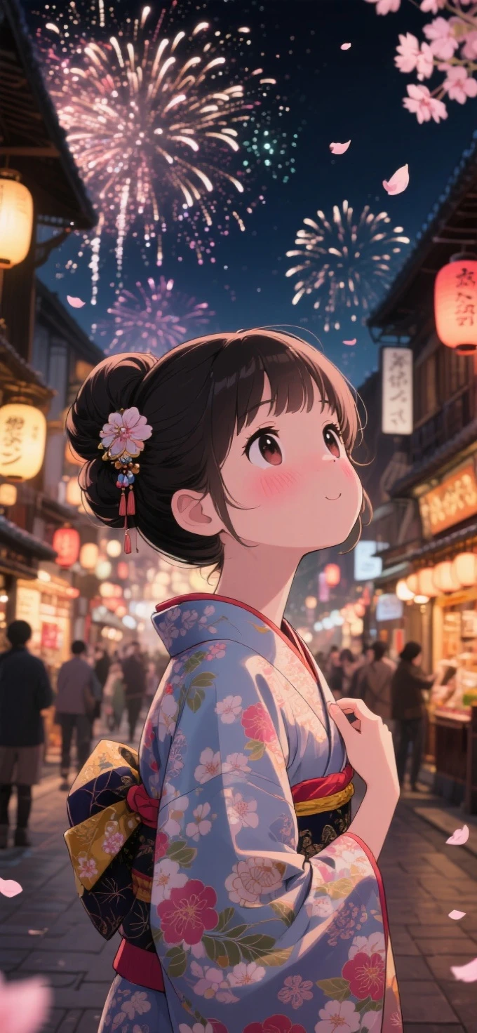 two-dimensional Japanese animated comic style，a beauty girl，wearing kimonos，Coiled hair，natta，bustling Japanese town streets，fire works，Close-up face close-up