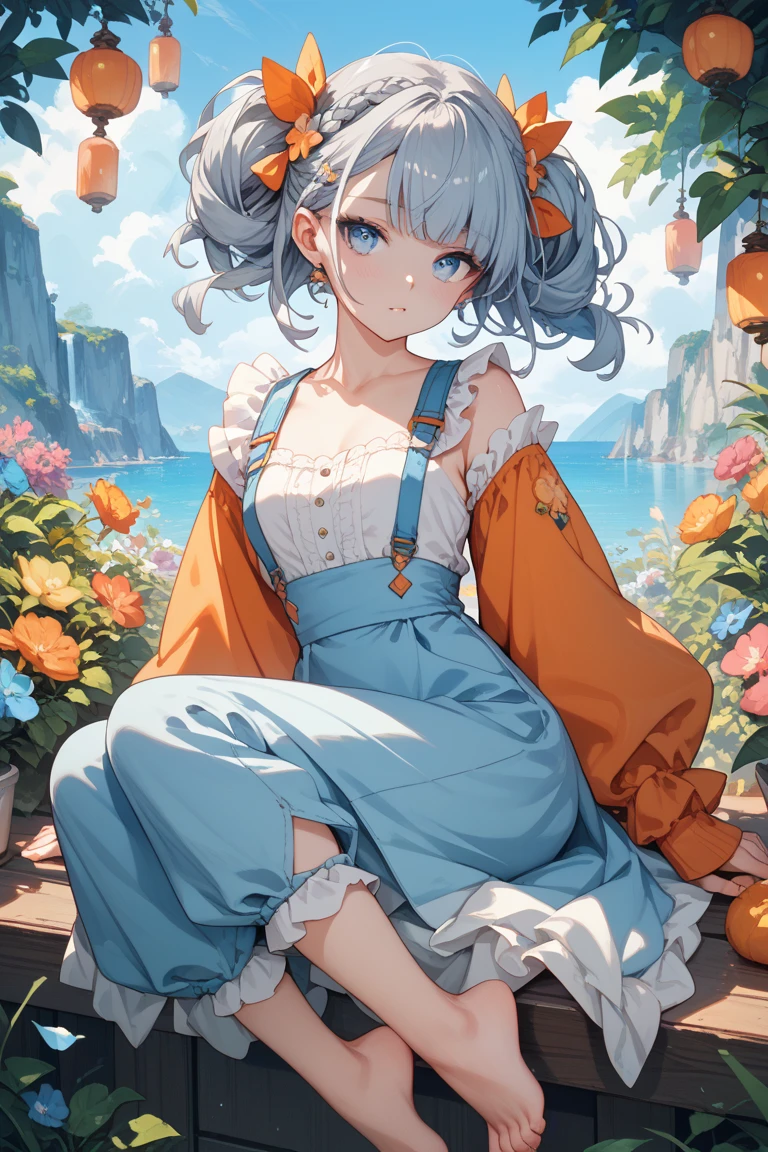 1girl, Orange sleeves, gray hair, fair skin, light blue hair accessories, Blue suspenders, blue clothes, pale blue color eyes, The barefoot, Double up braid