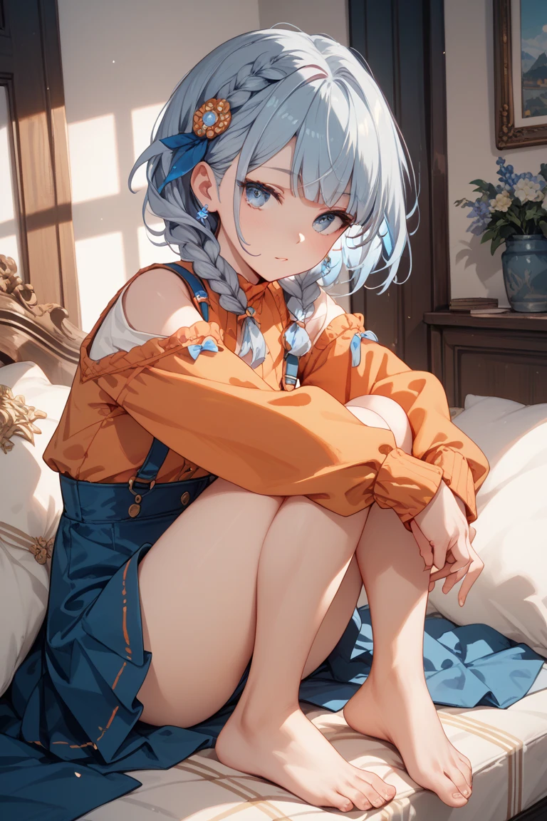 1girl, Orange sleeves, gray hair, fair skin, light blue hair accessories, Blue suspenders, blue clothes, pale blue color eyes, The barefoot, Double up braid