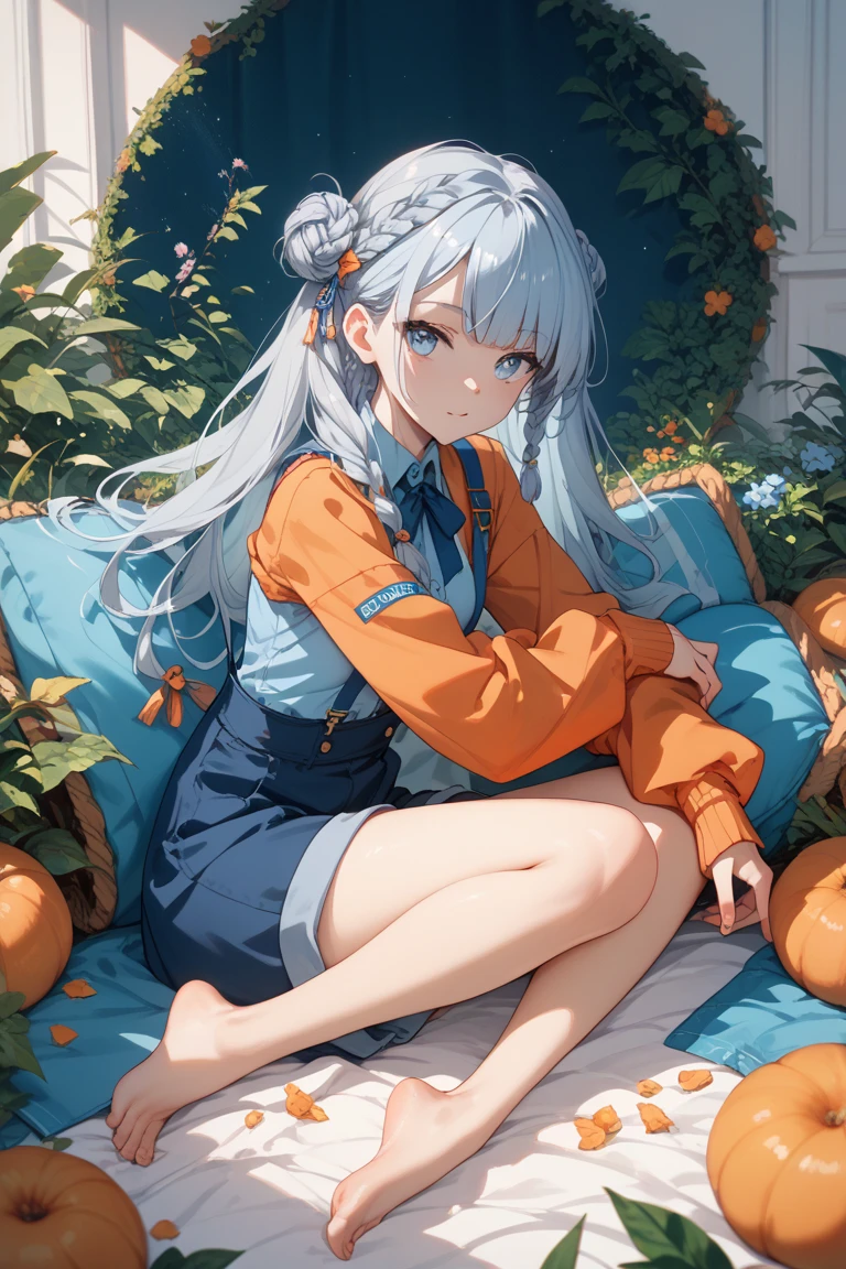 1girl, Orange sleeves, gray hair, fair skin, light blue hair accessories, Blue suspenders, blue clothes, pale blue color eyes, The barefoot, Double up braid