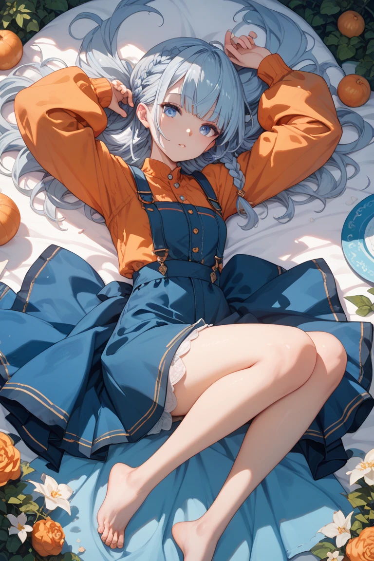 1girl, Orange sleeves, gray hair, fair skin, light blue hair accessories, Blue suspenders, blue clothes, pale blue color eyes, The barefoot, Double up braid