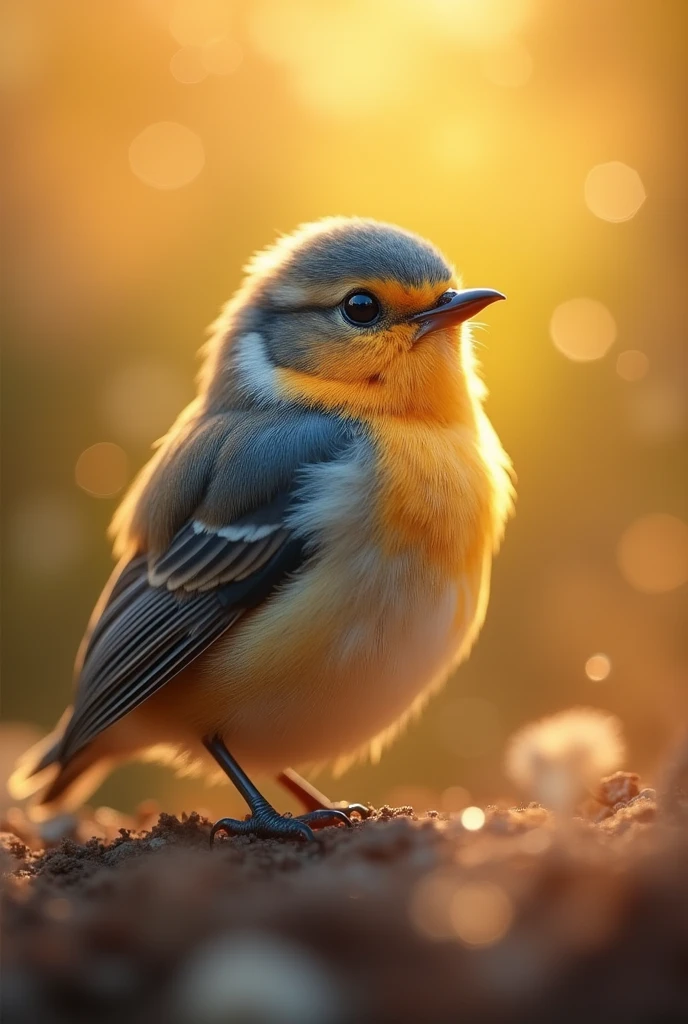 A mesmerizing close-up port1111rait of a gorgeous little bird illuminated by the soft, golden light of a tranquil morning, with vibrant bokeh balls gently framing its delicate form.