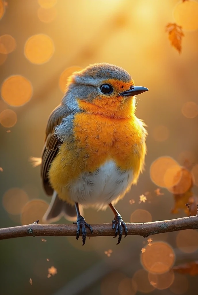 A mesmerizing close-up port1111rait of a gorgeous little bird illuminated by the soft, golden light of a tranquil morning, with vibrant bokeh balls gently framing its delicate form.