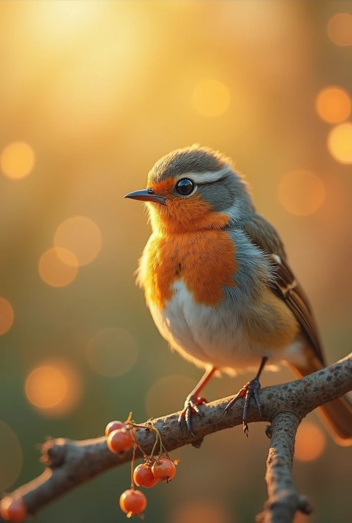A mesmerizing close-up port1111rait of a gorgeous little bird illuminated by the soft, golden light of a tranquil morning, with vibrant bokeh balls gently framing its delicate form.