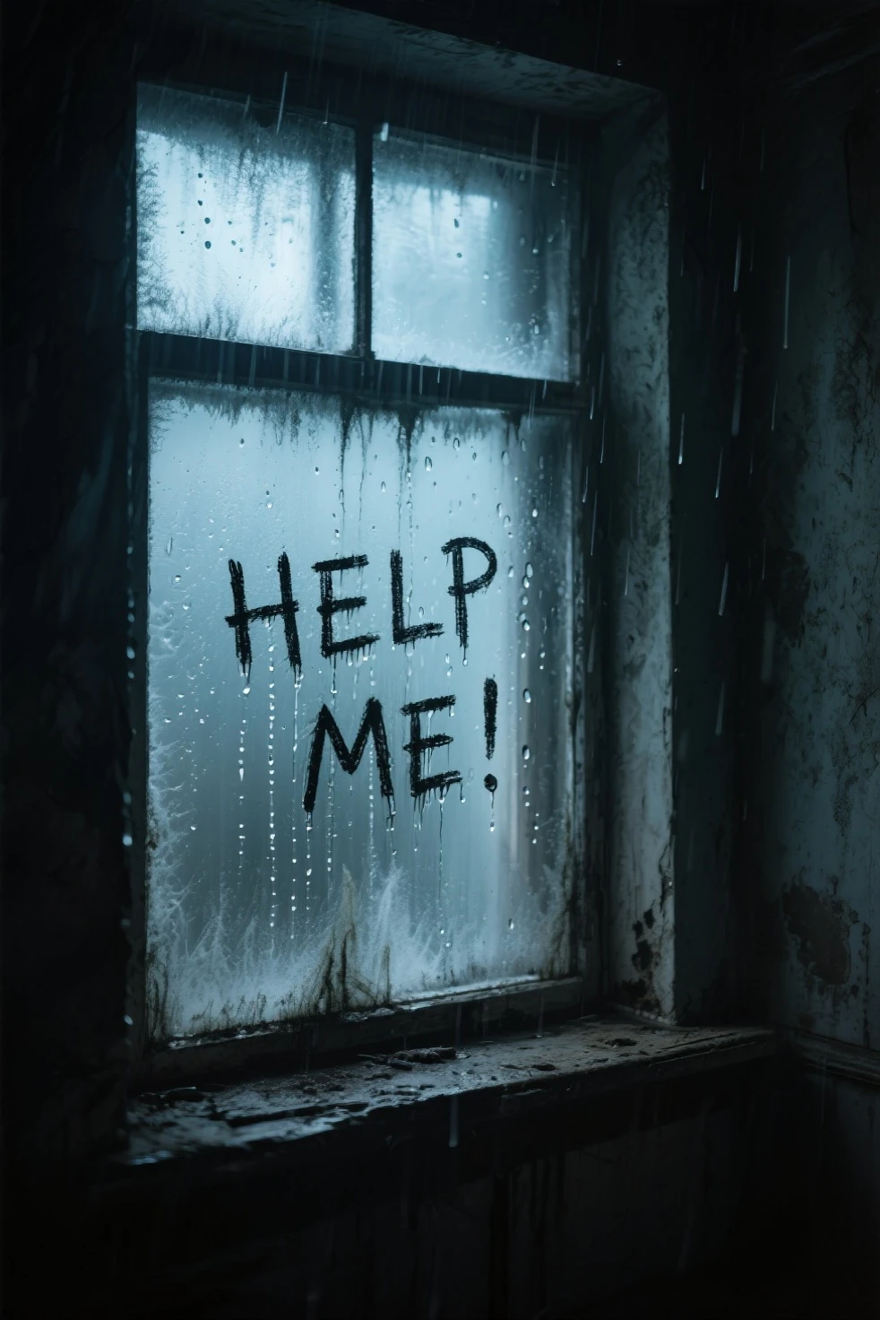 one soaked in rain、Frosted window glass,in a dark abandoned room。on the condensation and dirt on the internal surface,scribbles a rough、with the message “HELP ME” written in reverse。raindrops falling down the glass,cinematic light casts soft shadows,enhances the uneasy atmosphere。No one showed up,A masterpiece-grade horror atmosphere。