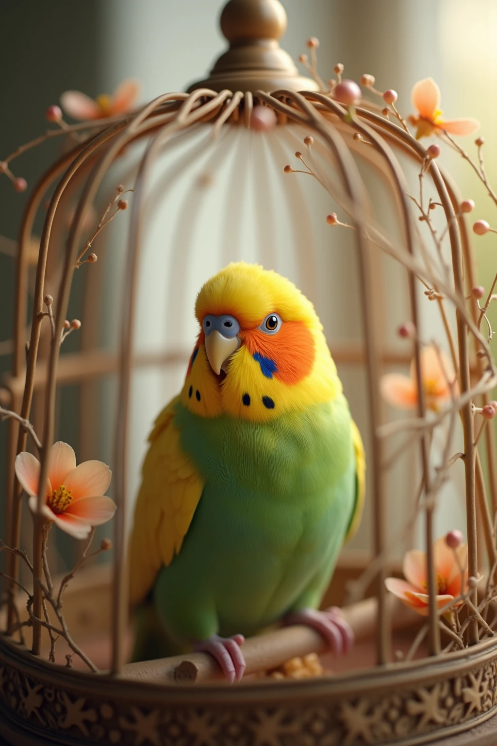 warm pet photo,cute budgerigar,Soft feathers,yellow and green color,cute posture,Exquisite birdcage,floral decoration,warm natural light,interior scenes,Healing style