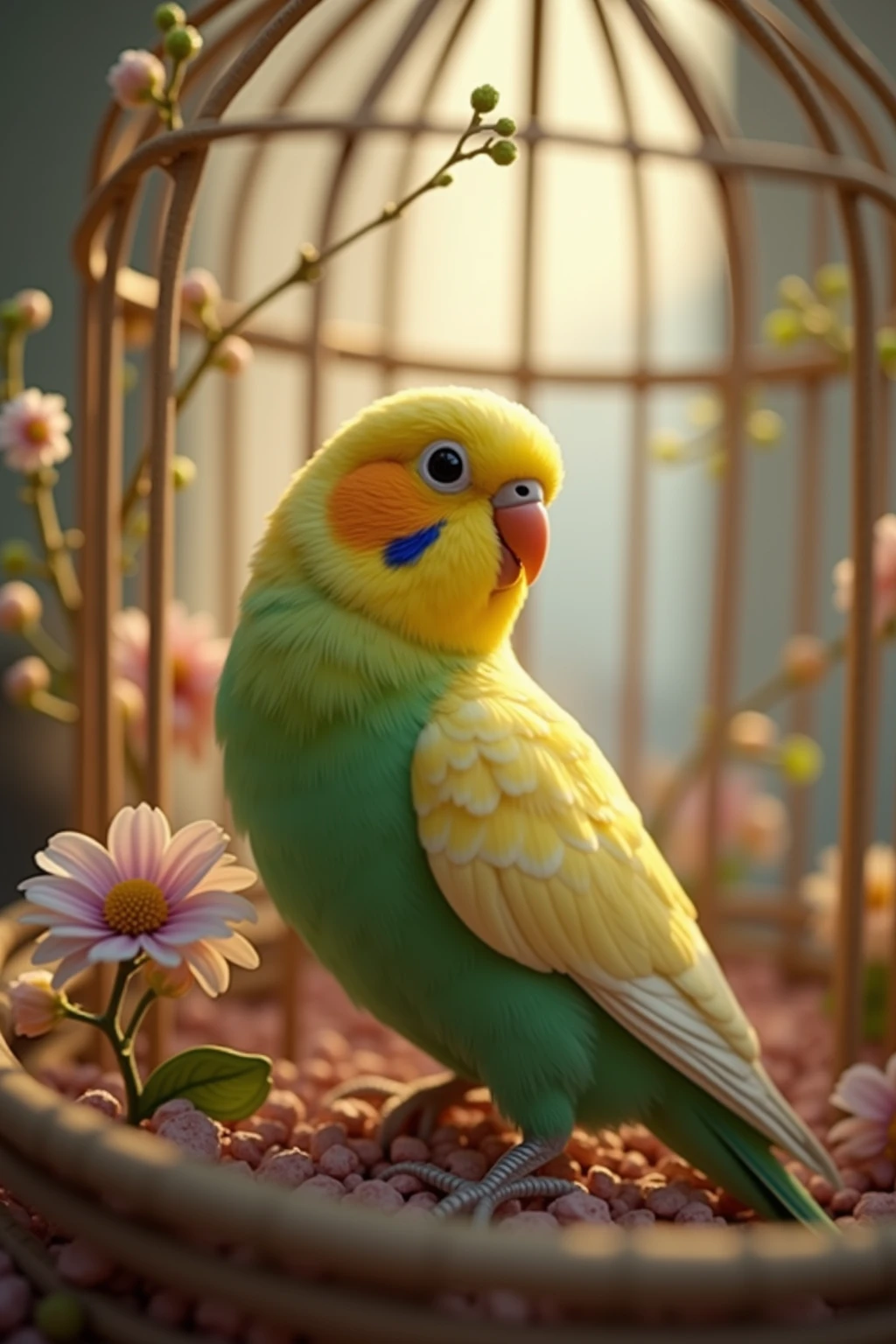 warm pet photo,cute budgerigar,Soft feathers,yellow and green color,cute posture,Exquisite birdcage,floral decoration,warm natural light,interior scenes,Healing style