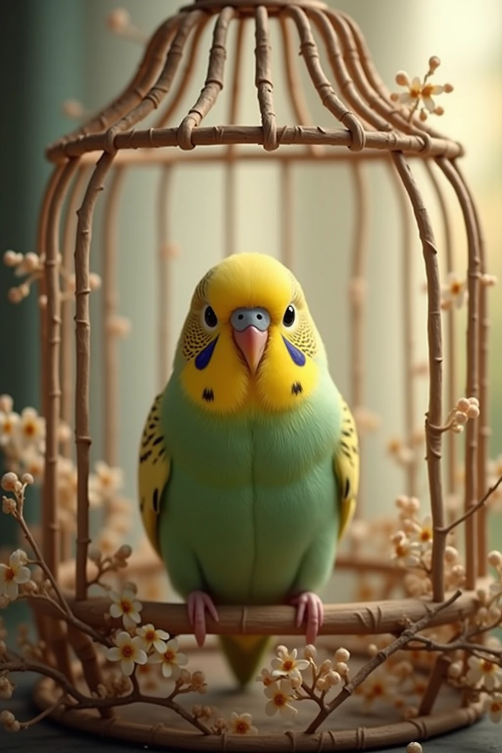 warm pet photo,cute budgerigar,Soft feathers,yellow and green color,cute posture,Exquisite birdcage,floral decoration,warm natural light,interior scenes,Healing style