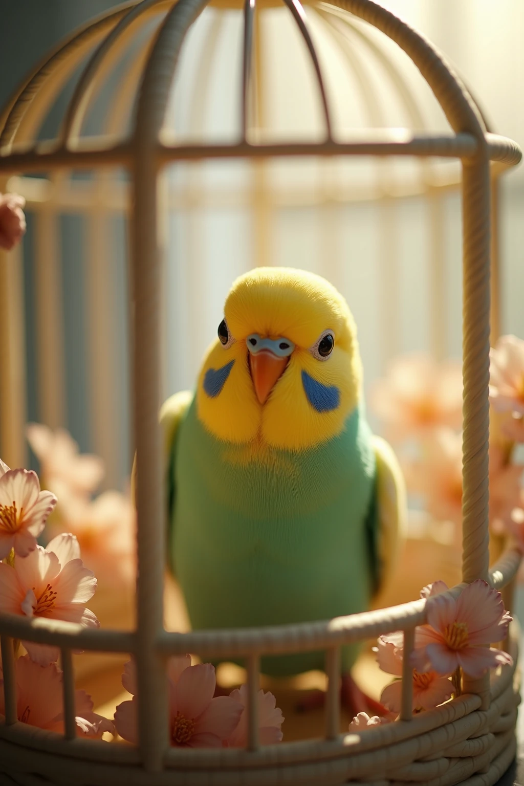 warm pet photo,cute budgerigar,Soft feathers,yellow and green color,cute posture,Exquisite birdcage,floral decoration,warm natural light,interior scenes,Healing style