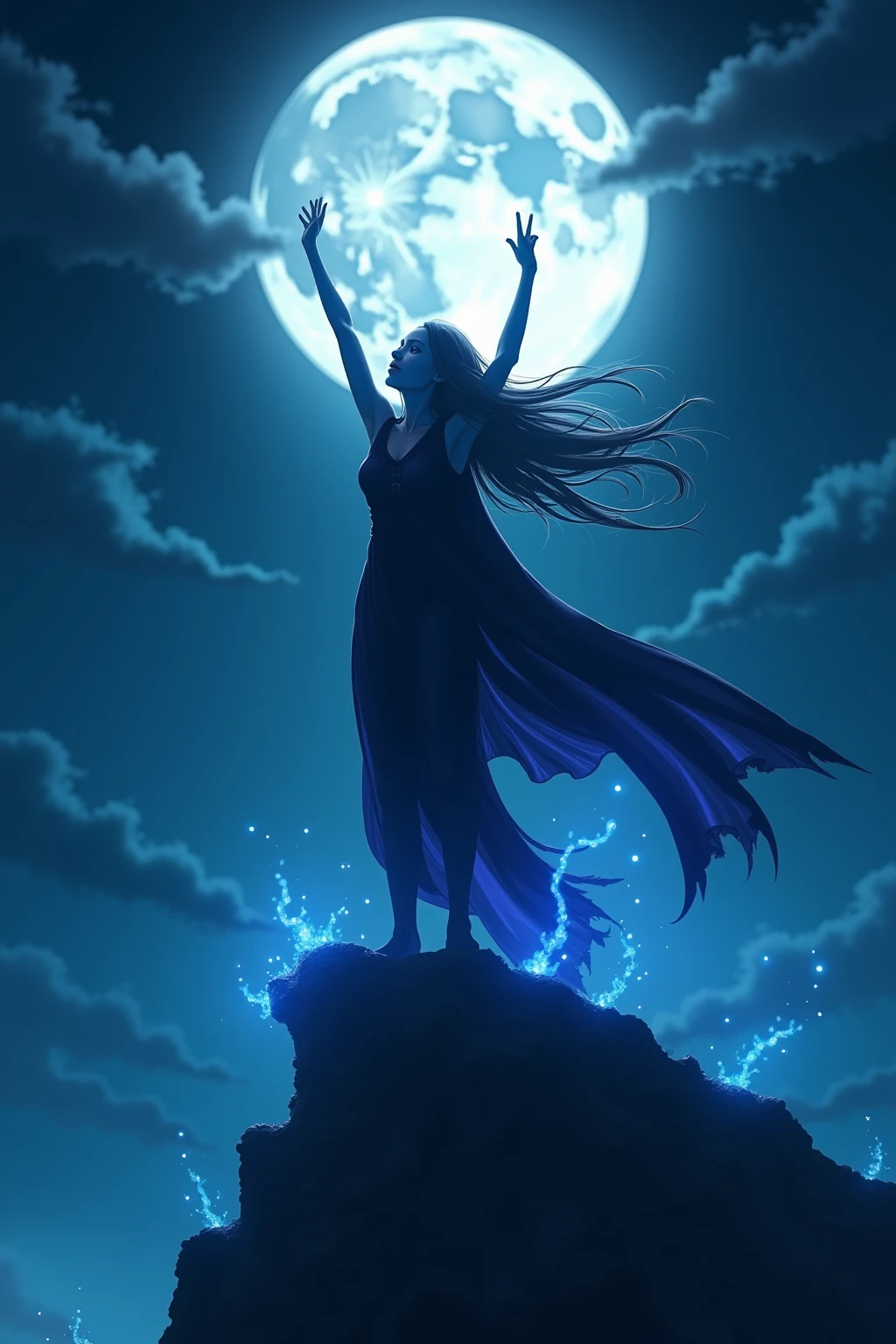 Witch standing on the edge of a cliff under a full moon, Arms up,magical energy swirls around her. The wind blows her cape and hair. in dark fantasy anime style, 8k magical lens with glowing particles, Icy blue light, and expressive poses. Ultra detailed, cinematic 8k magic lens.