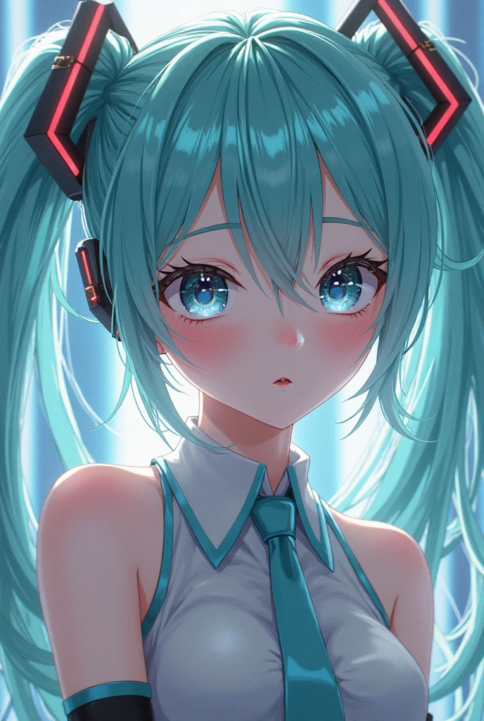 masterpiece, Best quality, Big breasts Hatsune Miku, The double ponytail flutters, Anime style, Virtual singer, Futuristic, lively lovely, High Details, 8k, HD, Bright colors, Dynamic