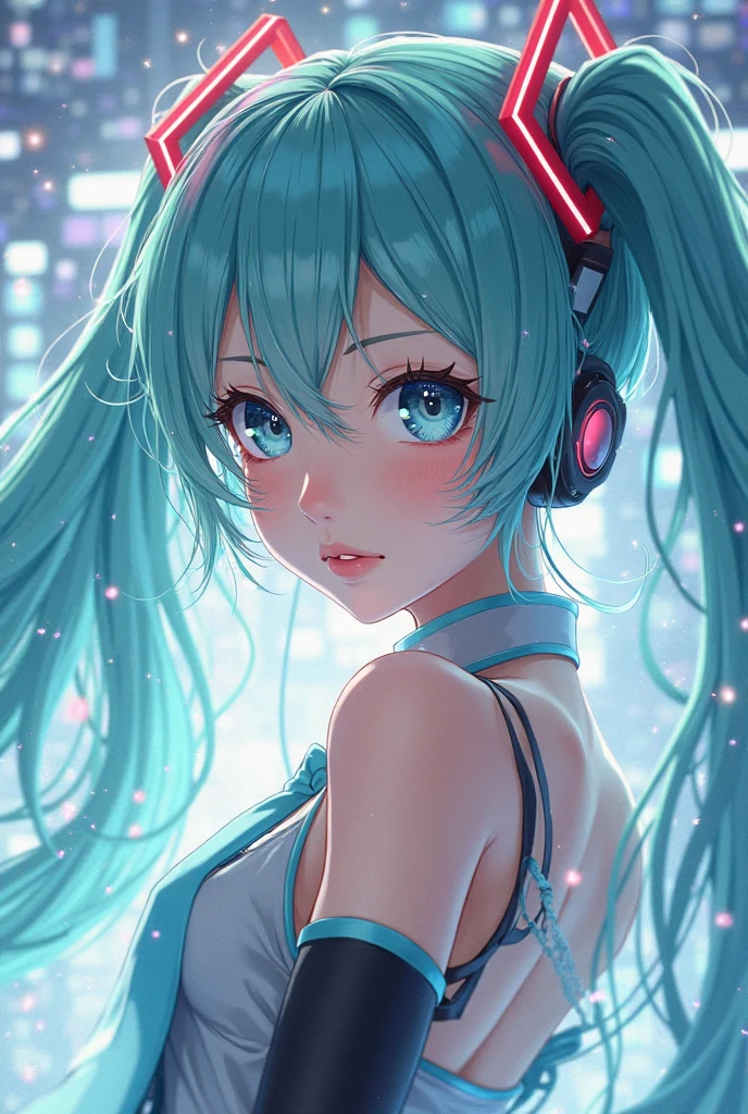 masterpiece, Best quality, Big breasts Hatsune Miku, The double ponytail flutters, Anime style, Virtual singer, Futuristic, lively lovely, High Details, 8k, HD, Bright colors, Dynamic