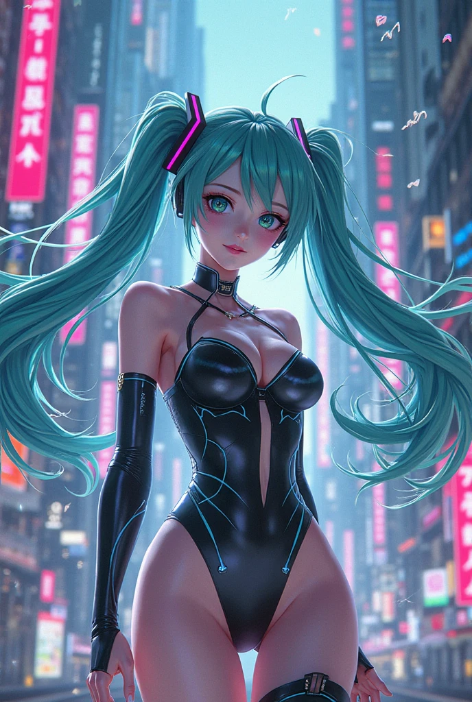 masterpiece, best quality, Big breasts Hatsune Miku, A double ponytail, Fluttering, Anime style, cyberpunk, Futuristic, musical elements, High Details, 8k