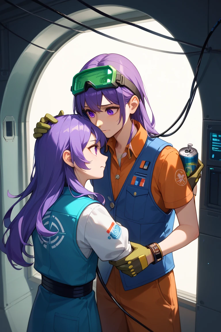 Rating 9,rating 8 or above,rating 7 or above,soio,The upper part of the body,emits a small holographic projection inside the spaceship,electrical wires,pilot console,switch,控制switch,Flickering lights,gloves,nervous girl with purple eyes,purple hair,Long hair,Side-sweep,By bangs,Stand upright,saluting,slenderness,small boobs,wearing green goggles on her head,wearing a dark blue vest,white jean,gloves,bracelet,An orange ring planet can be seen outside the window,High resolution,Best quality,masterpiece