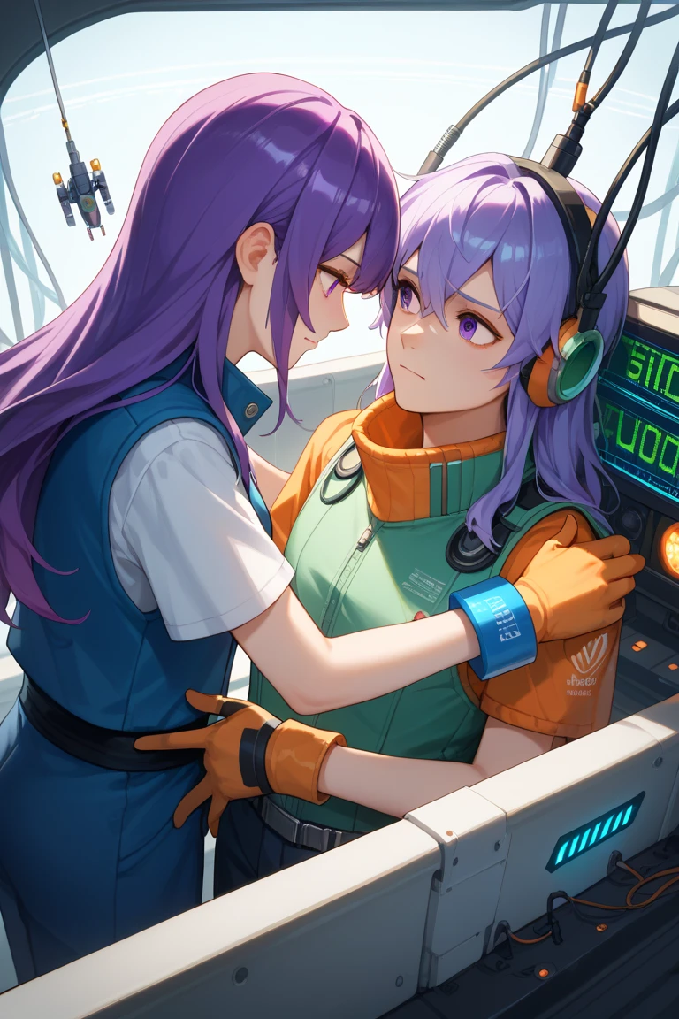 Rating 9，rating 8 or above，rating 7 or above，soio，The upper part of the body，emits a small holographic projection inside the spaceship，electrical wires，pilot console，switch，控制switch，Flickering lights，gloves，nervous girl with purple eyes，purple hair，Long hair，Side-sweep，By bangs，Stand upright，saluting，slenderness，small boobs，wearing green goggles on her head，wearing a dark blue vest，white jean，gloves，bracelet，An orange ring planet can be seen outside the window，High resolution，Best quality，masterpiece