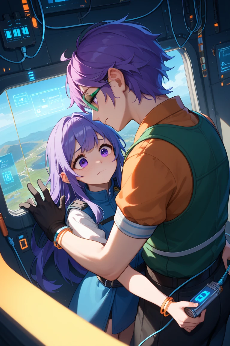 Rating 9，rating 8 or above，rating 7 or above，soio，The upper part of the body，emits a small holographic projection inside the spaceship，electrical wires，pilot console，switch，控制switch，Flickering lights，gloves，nervous girl with purple eyes，purple hair，Long hair，Side-sweep，By bangs，Stand upright，saluting，slenderness，small boobs，wearing green goggles on her head，wearing a dark blue vest，white jean，gloves，bracelet，An orange ring planet can be seen outside the window，High resolution，Best quality，masterpiece