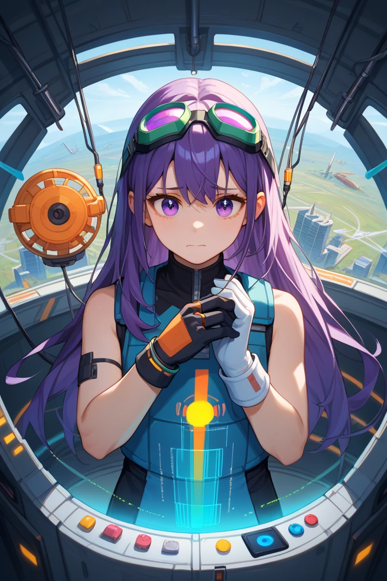 Rating 9,rating 8 or above,rating 7 or above,soio,The upper part of the body,emits a small holographic projection inside the spaceship,electrical wires,pilot console,switch,控制switch,Flickering lights,gloves,nervous girl with purple eyes,purple hair,Long hair,Side-sweep,By bangs,Stand upright,saluting,slenderness,small boobs,wearing green goggles on her head,wearing a dark blue vest,white jean,gloves,bracelet,An orange ring planet can be seen outside the window,High resolution,Best quality,masterpiece