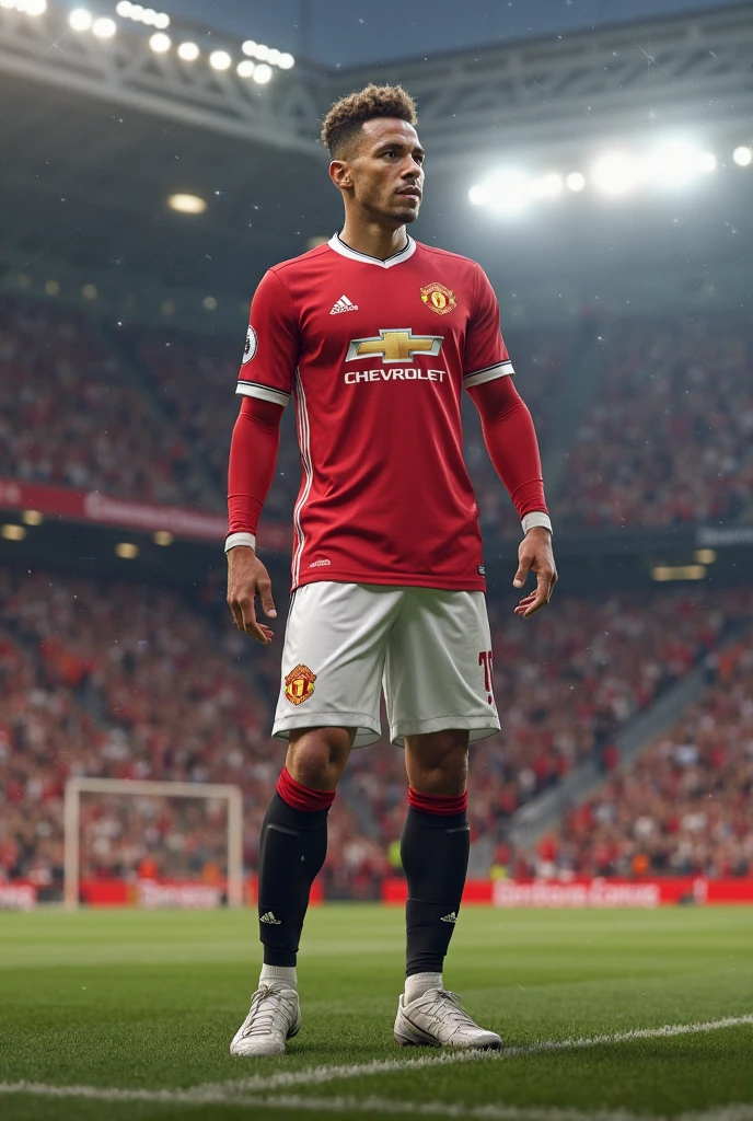 Create an image of football player Endrick wearing Manchester United jersey in Fifa 24 game