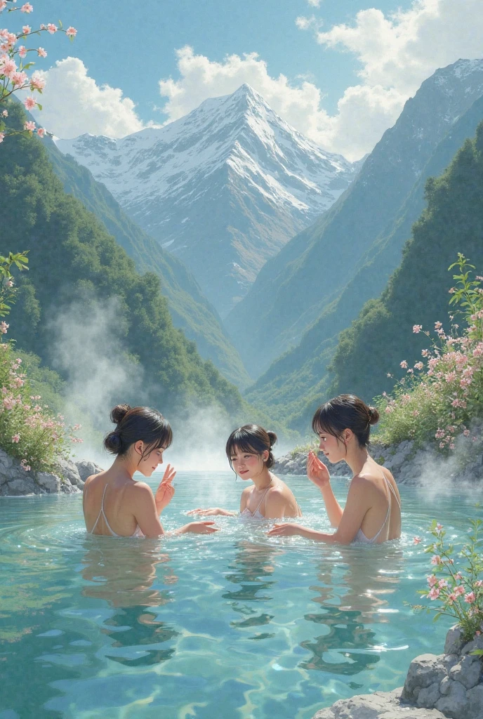 A group of high school students enjoying a visit to a hot spring. The scene is set in a serene, outdoor hot spring surrounded by lush greenery and mountains in the background. The students are diverse in appearance, with both boys and girls, wearing traditional yukatas. They are laughing and chatting as steam gently rises from the water, creating a relaxing and joyful atmosphere.