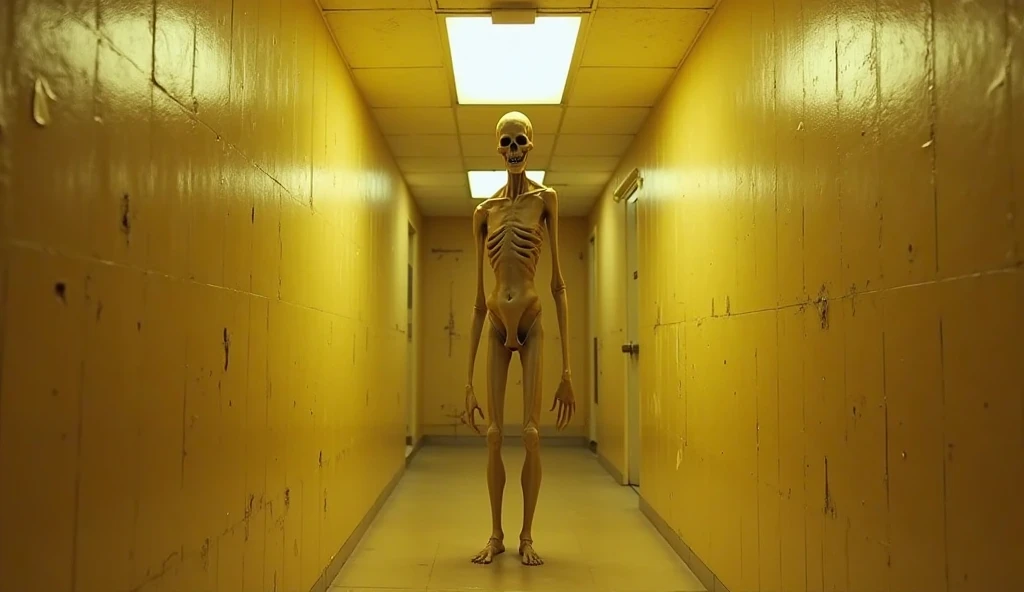 a skeleton standing standing directly in a scary man back in darkness abandon room.