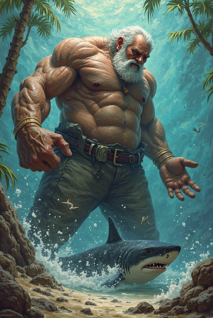 (muscular old man riding a powerful surf wave)