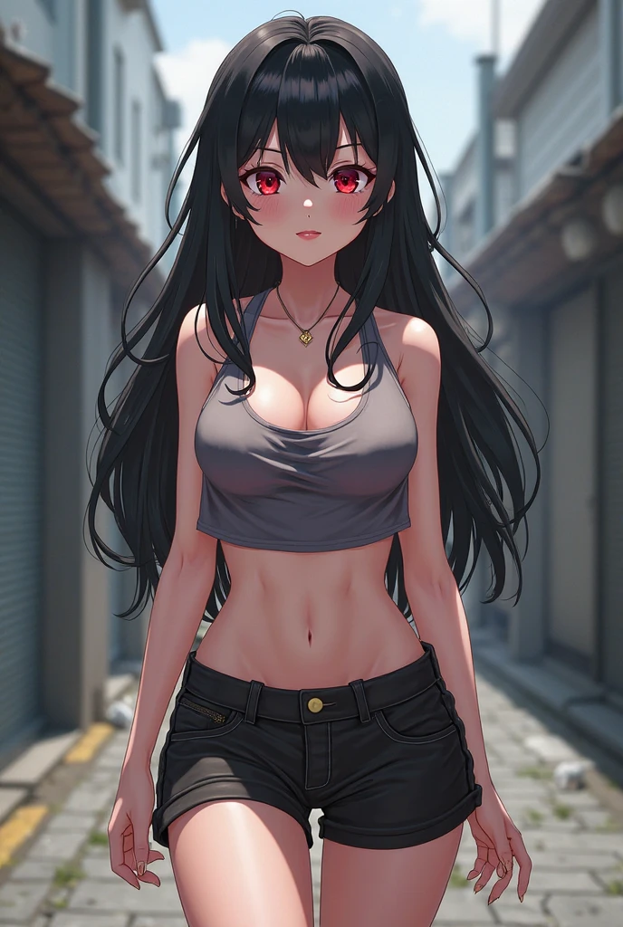 masterpiece, best quality, highres, kasumigaoka utaha, 1girl, long hair, black hair, hairband, red eyes, long legs, breasts, bangs, large breasts, crop top, jean, denim, street, outdoors