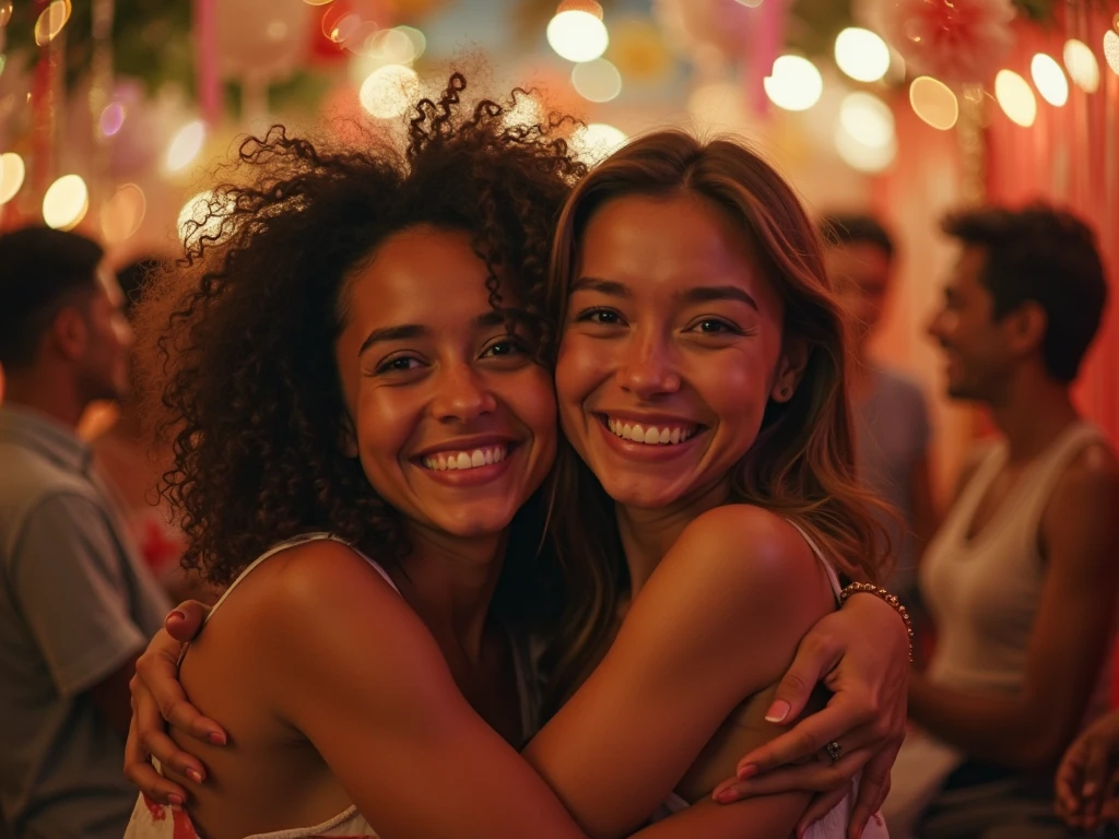 two tanned caucasian women, friends, oily foreheads, shiny foreheads, smiling, outdoor, coachella, night time, candid photography, flash lighting