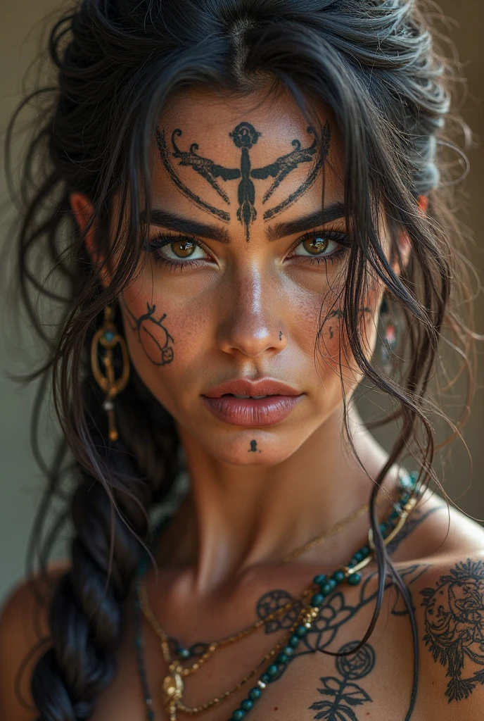 **Mayan punk woman, determined expression, brown eyes, anodized metal in clothing, ethnic punk with Mayan designs, reflective surfaces, backflip toward viewer, motion blur, evening lighting, reflections on anodized, intricate facial detail, cyberpunk style, MTG art by Johannes Voss, Fannysanchez --ar 16:9** - Image #4